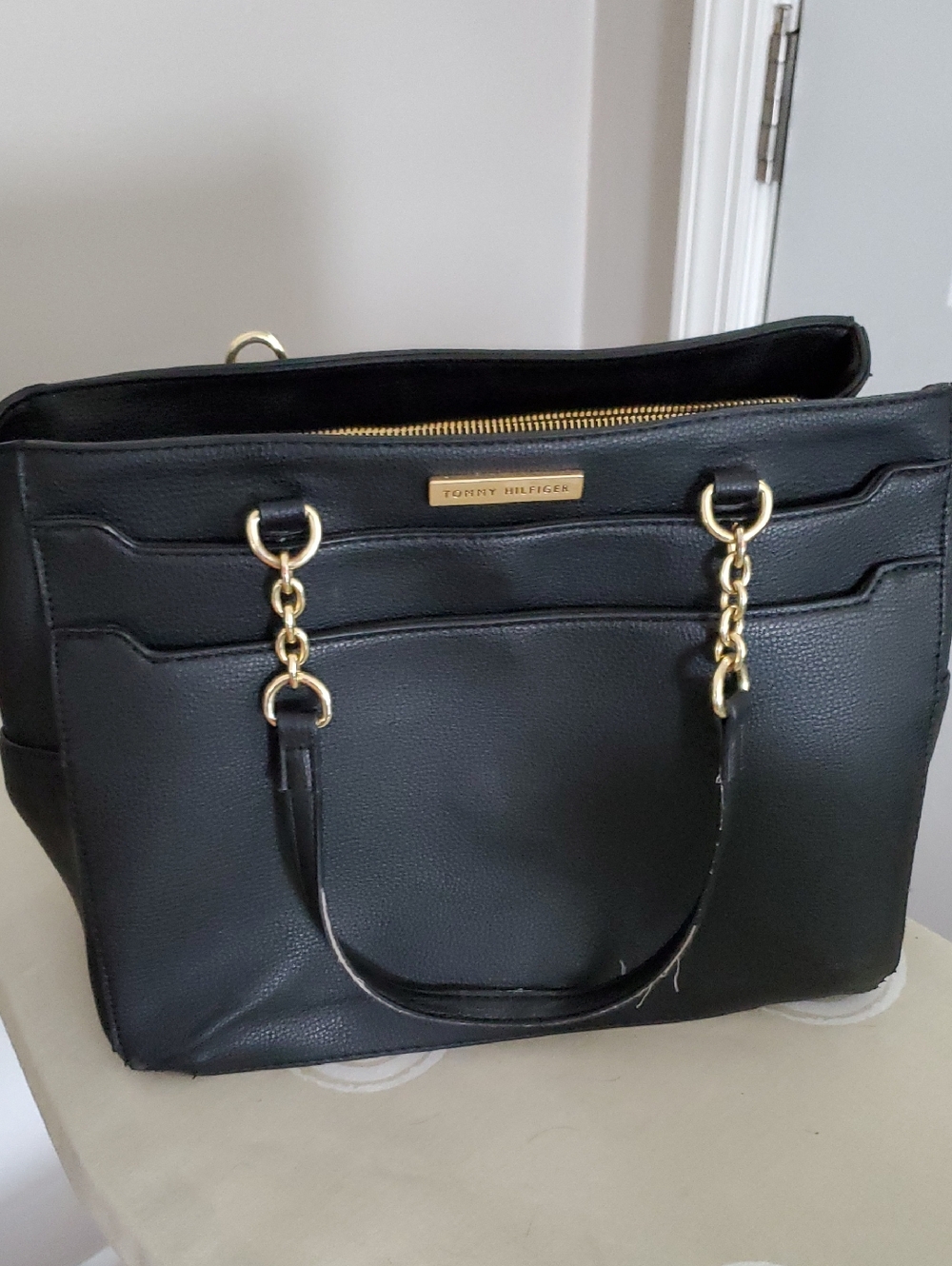 Tommy Hilfiger Black Tote with Gold Chain Accents